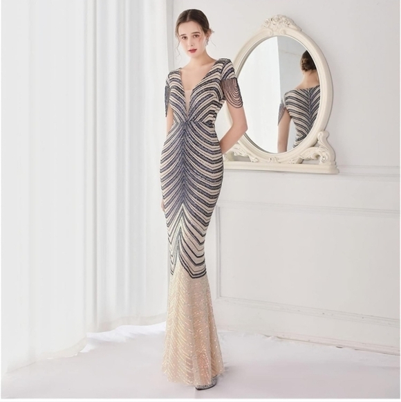 Navy/Ivory , Short Rhinestone Sleeves,  Sequined,  V Neck, Mermaid Maxi … - Picture 8 of 16